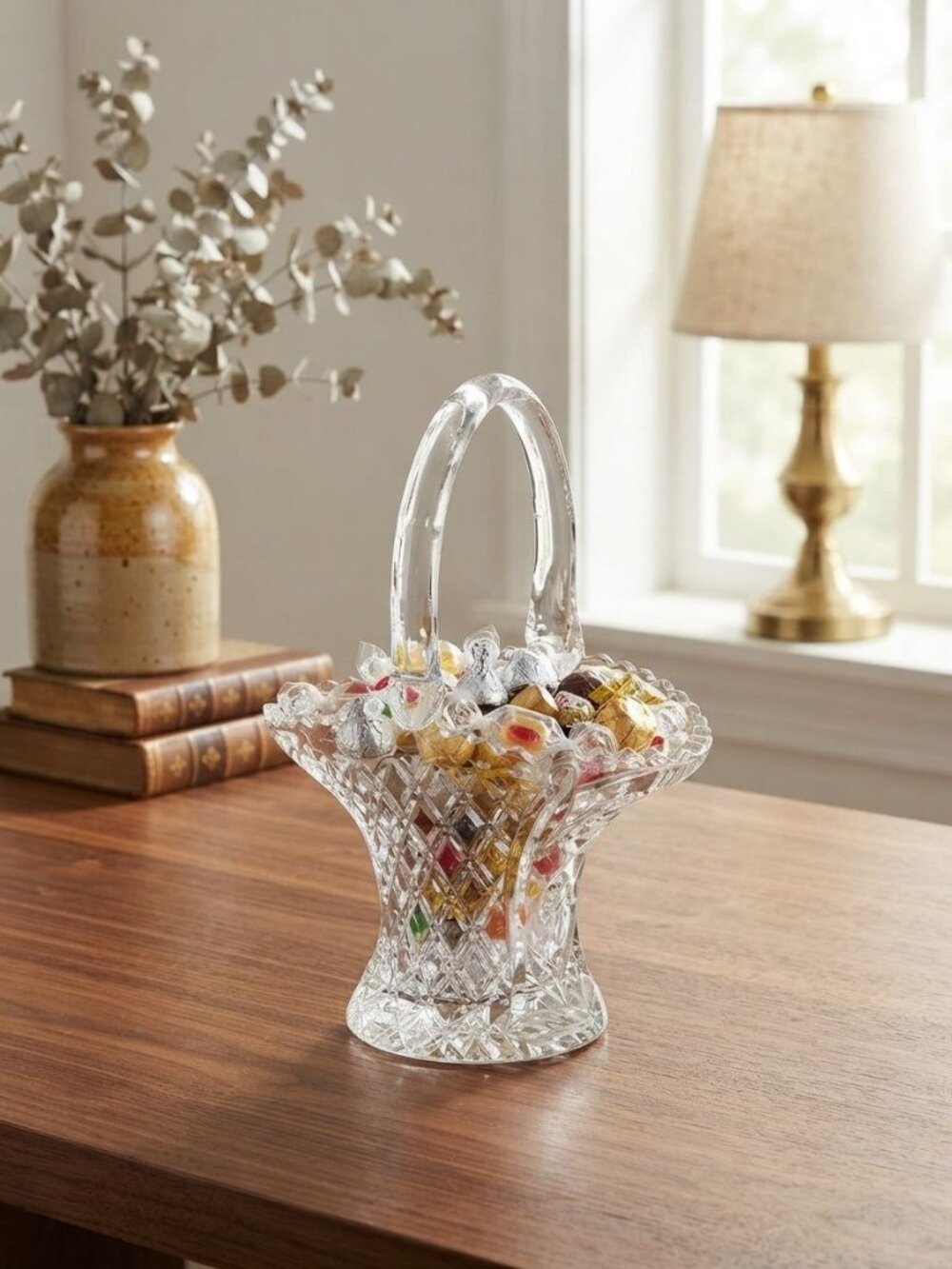 Cut Crystal Basket Applied Handle Vintage Candy Dish Pinwheel Pineapple Starburs
